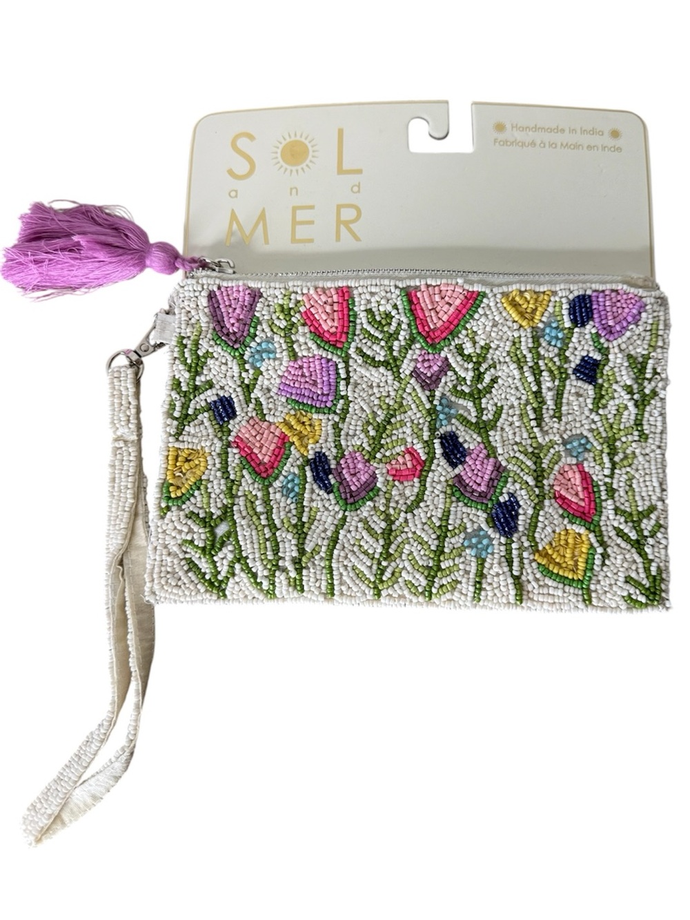 SOL AND MER New Beaded Clutch Wristlet Purse Floral Tulips Zipper Tassle